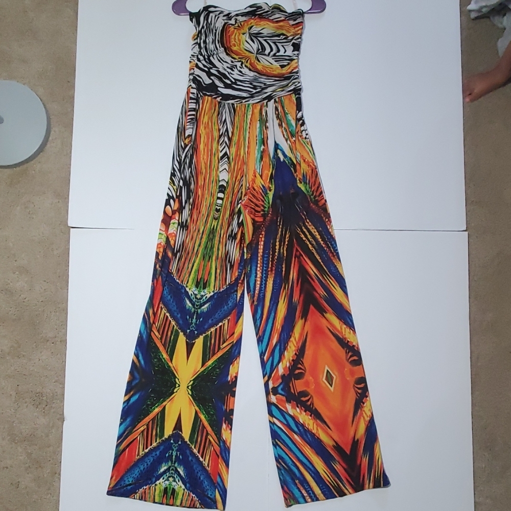 Trendy strapless multicolored one-piece jumpsuit